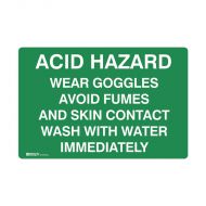 832434 Emergency Information Sign - Acid Hazard Wear Goggles Avoid Fumes And Skin Contact Wash With 